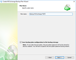 Captura de pantalla de Exchange Backup Plan Wizard