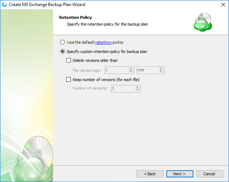 Captura de pantalla de Exchange Backup Plan Wizard