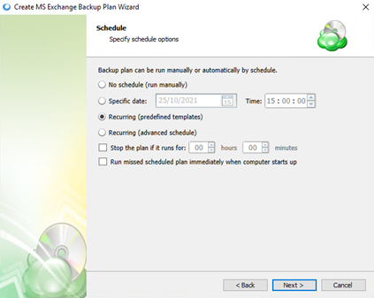 Captura de pantalla de Exchange Backup Plan Wizard
