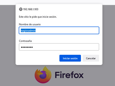 Formulario de inicio de sesión de Firefox con campos para nombre de usuario y contraseña.