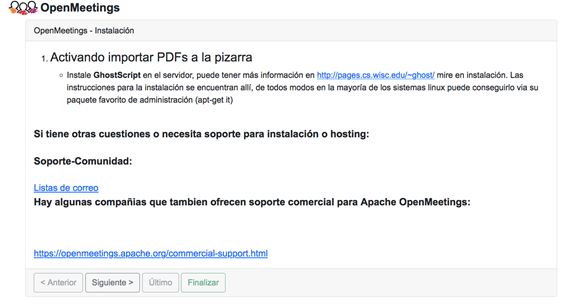 Pantalla de instalación de OpenMeetings