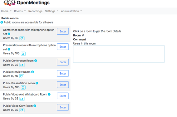 Pantalla de configuración de la aplicación de OpenMeetings