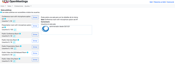 Pantalla de configuración de la aplicación de OpenMeetings