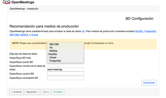 Pantalla de instalación de OpenMeetings