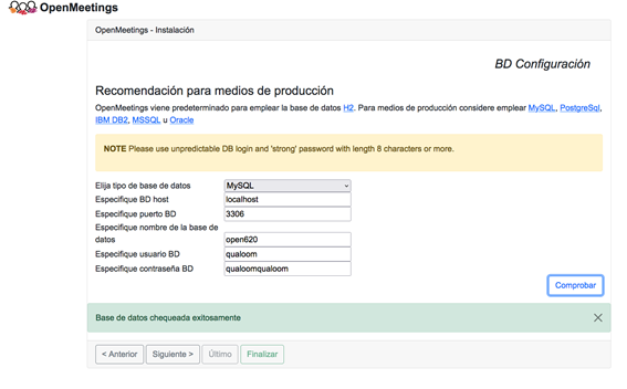 Pantalla de instalación de OpenMeetings