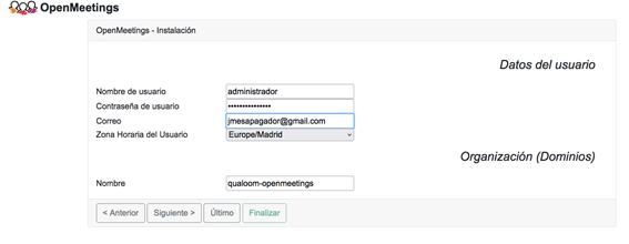 Pantalla de instalación de OpenMeetings