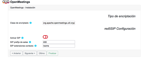 Pantalla de instalación de OpenMeetings