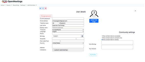 Pantalla de configuración de la aplicación de OpenMeetings