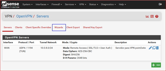 Servidor OpenVPN mostrado en un navegador web, con detalles de configuración y estado de conexión visibles.