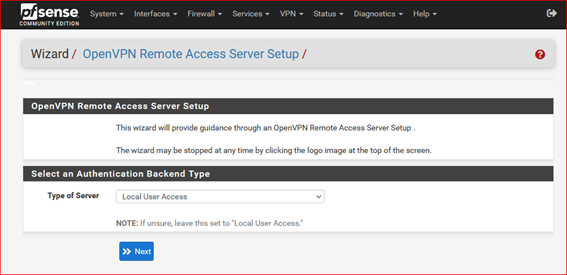 Servidor de acceso OpenVPN, mostrando interfaz de configuración y opciones de conexión para usuarios remotos.
