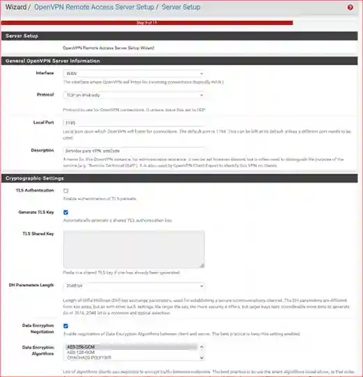 Servidor de acceso OpenVPN, mostrando interfaz de configuración y opciones de conexión para usuarios remotos.