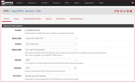 Servidor de acceso OpenVPN, mostrando interfaz de configuración y opciones de conexión para usuarios remotos.